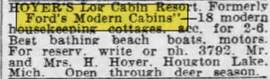 Hoyers Resort (Fords Modern Cabins, Shangri-La Log Cabin Resort, Bentons) - May 1947 Ad